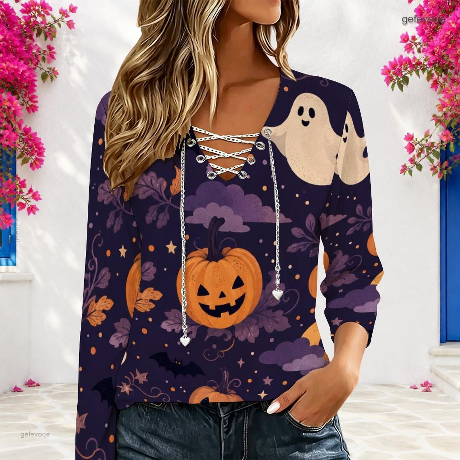 เสื้อผู้หญิงคอวีแขนยาว พร้อมสา - Blouses บทวิจารณ์และราคา