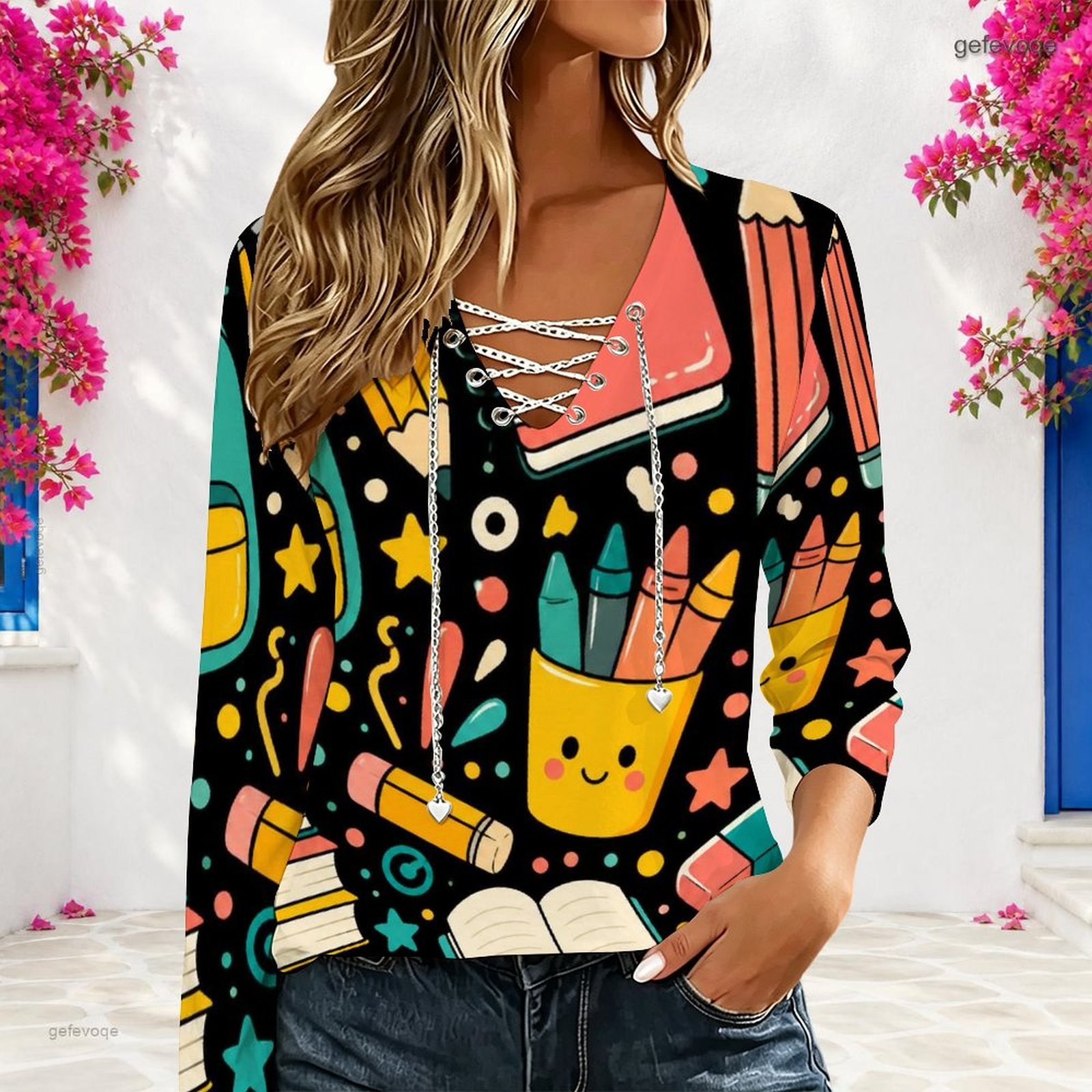 เสื้อผู้หญิงคอวีแขนยาว พร้อมสา - Blouses บทวิจารณ์และราคา