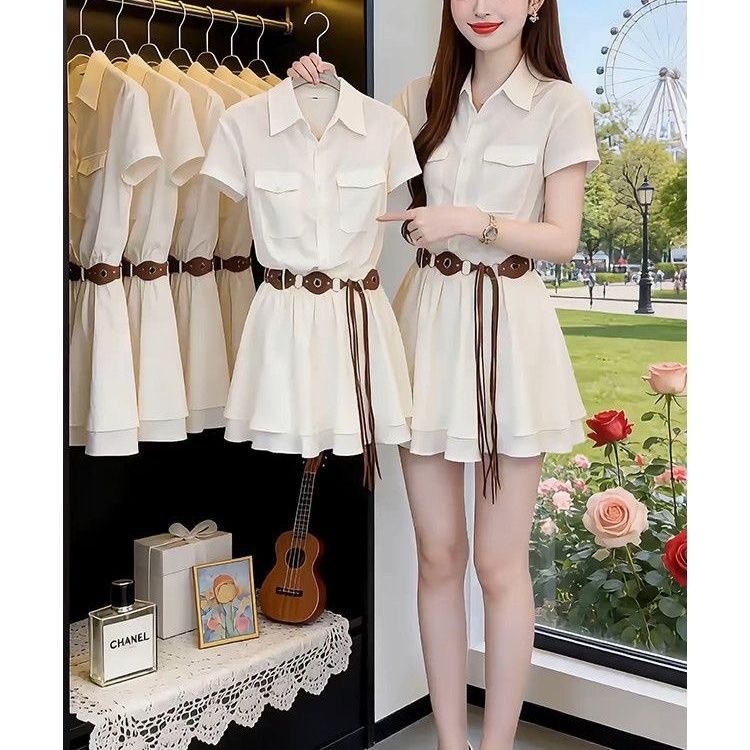 ชุดเดรสเสื้อเชิ้ตแขนสั้นสไตล์เ - Korean Style A Line Shirt Dress บทวิจารณ์และราคา