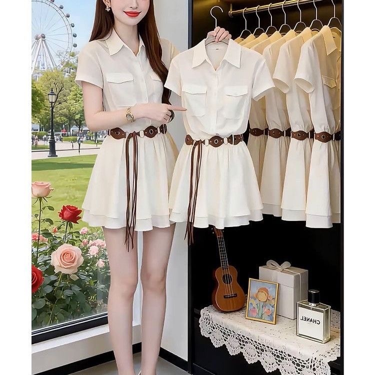ชุดเดรสเสื้อเชิ้ตแขนสั้นสไตล์เ - Korean Style A Line Shirt Dress บทวิจารณ์และราคา