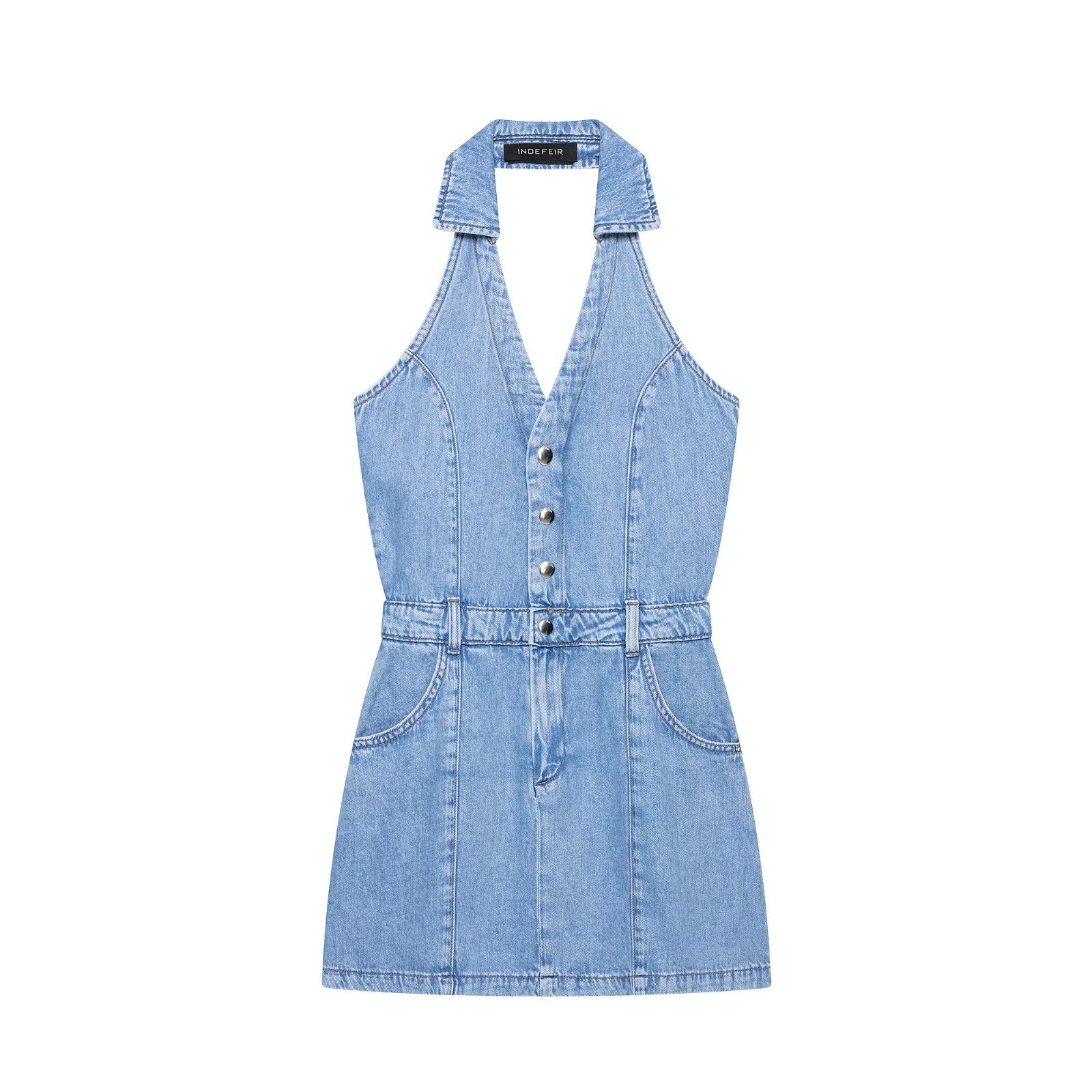 เดรสยีนส์สั้นแบบผูกคอ สไตล์ Y2 - Y2K Backless Halter Mini Dress บทวิจารณ์และราคา