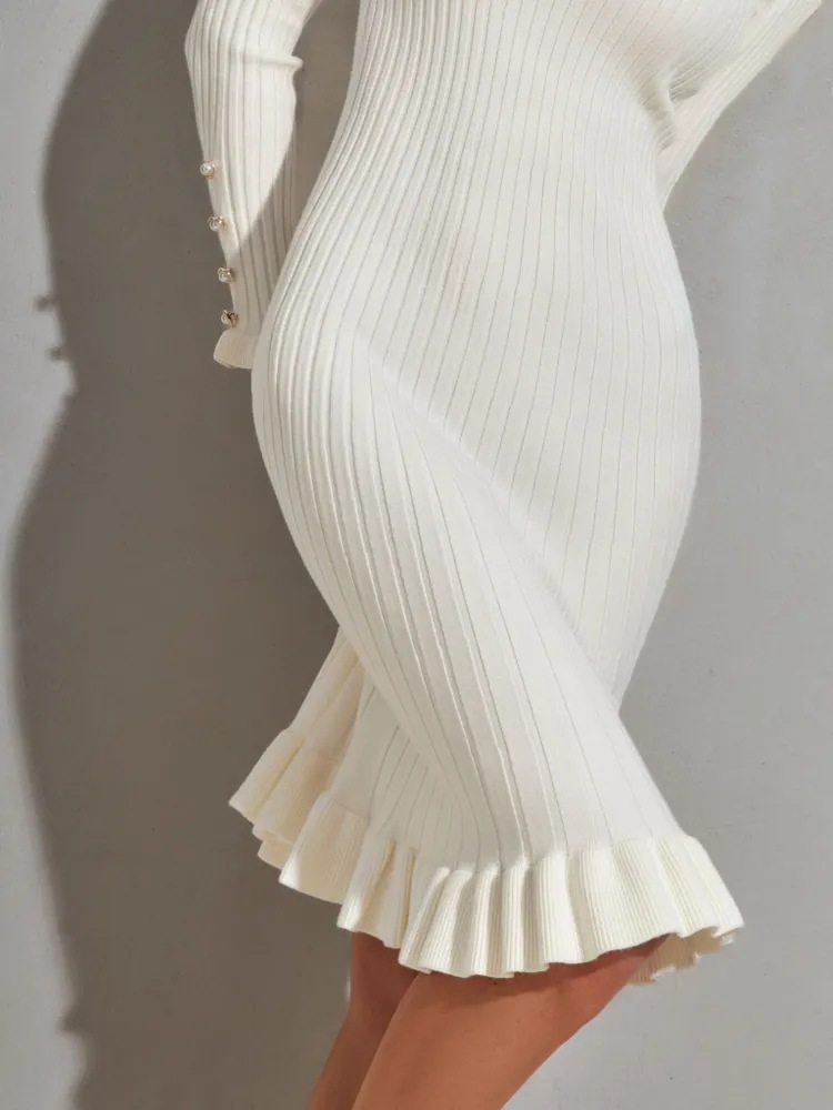 เดรสไหมพรมแขนยาวทรงเข้ารูปสำหร - Bodycon Long Sleeve Ribbed Dress บทวิจารณ์และราคา
