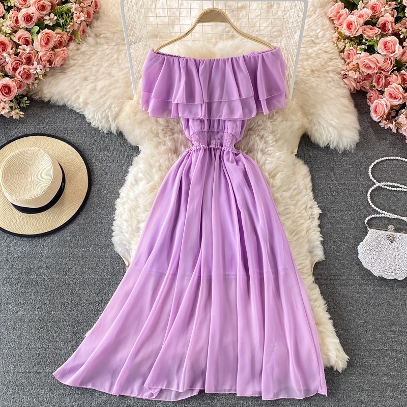 ชุดเดรสว่ายน้ำสีเหลืองทึบของผู - Off Shoulder Puff Sleeve Sundress บทวิจารณ์และราคา