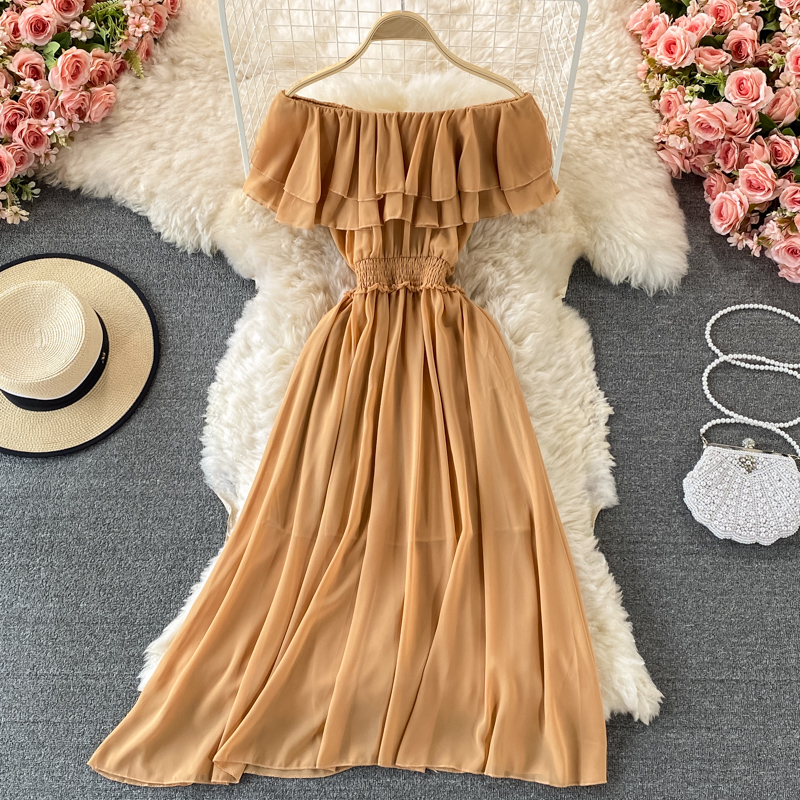 ชุดเดรสว่ายน้ำสีเหลืองทึบของผู - Off Shoulder Puff Sleeve Sundress บทวิจารณ์และราคา