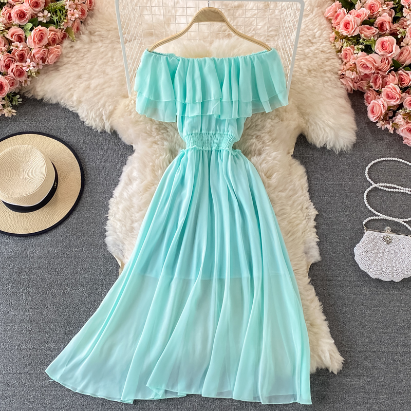 ชุดเดรสว่ายน้ำสีเหลืองทึบของผู - Off Shoulder Puff Sleeve Sundress บทวิจารณ์และราคา