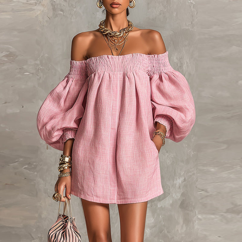 เดรสผู้หญิงแบบเรียบ ไหล่เดี่ยว - Off Shoulder Puff Sleeve Sundress บทวิจารณ์และราคา