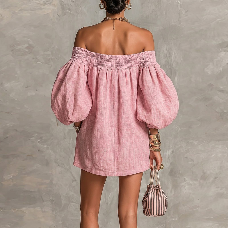 เดรสผู้หญิงแบบเรียบ ไหล่เดี่ยว - Off Shoulder Puff Sleeve Sundress บทวิจารณ์และราคา