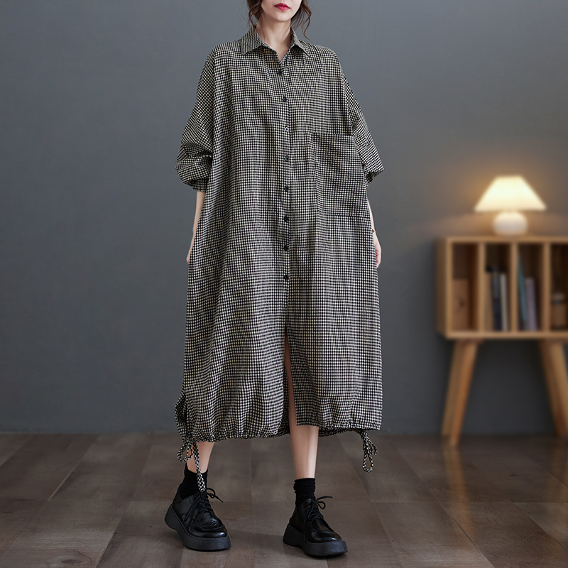 ชุดเดรสแขนยาวผ้าฝ้ายลินินลายสก - Casual Loose Linen Shirt Dress บทวิจารณ์และราคา