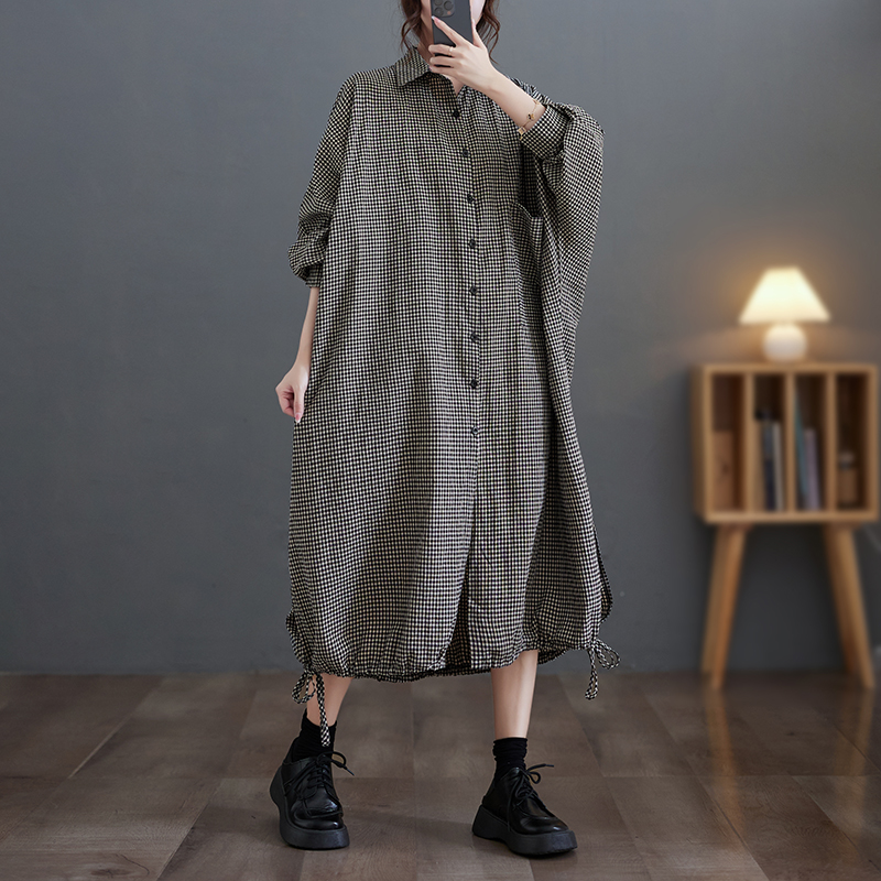 ชุดเดรสแขนยาวผ้าฝ้ายลินินลายสก - Casual Loose Linen Shirt Dress บทวิจารณ์และราคา