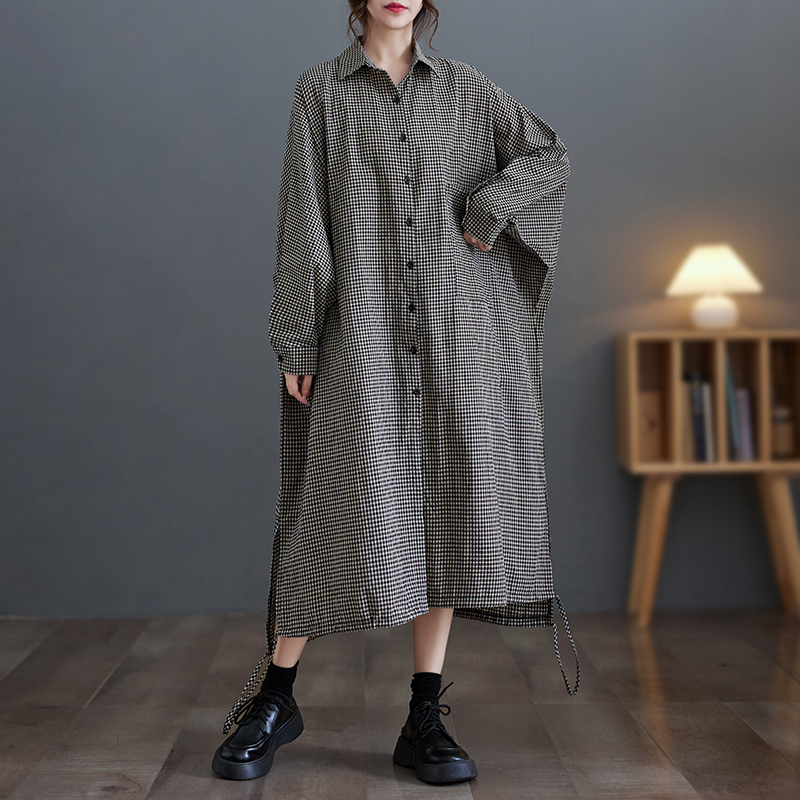 ชุดเดรสแขนยาวผ้าฝ้ายลินินลายสก - Casual Loose Linen Shirt Dress บทวิจารณ์และราคา