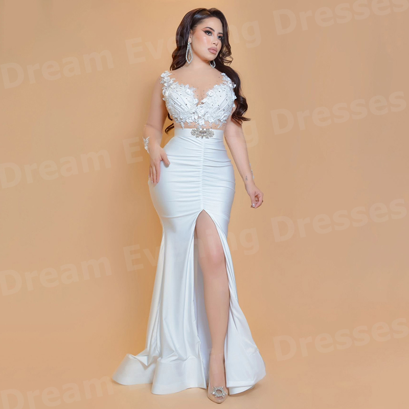 ชุดราตรีสีขาวทรงเมอร์เมดสำหรับ - Elegant Satin Evening Gown Split บทวิจารณ์และราคา