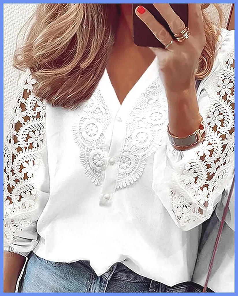 เสื้อเบลาส์แขนยาวลูกไม้สีขาวลา - Blouses บทวิจารณ์และราคา