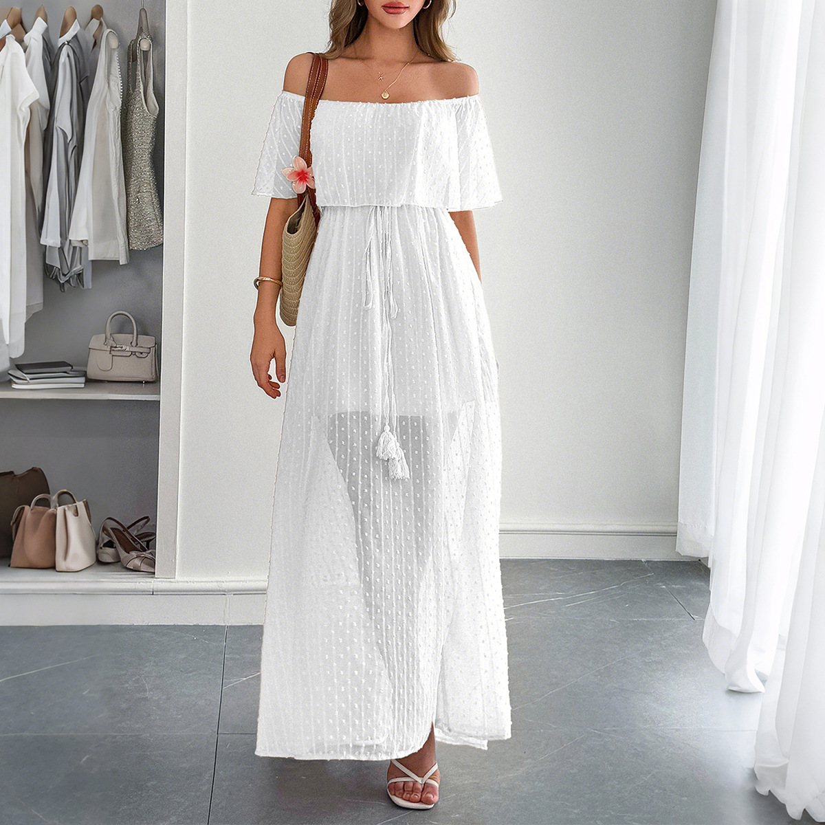เดรสยาวลายจุดสำหรับผู้หญิง สไต - Off Shoulder Puff Sleeve Sundress บทวิจารณ์และราคา