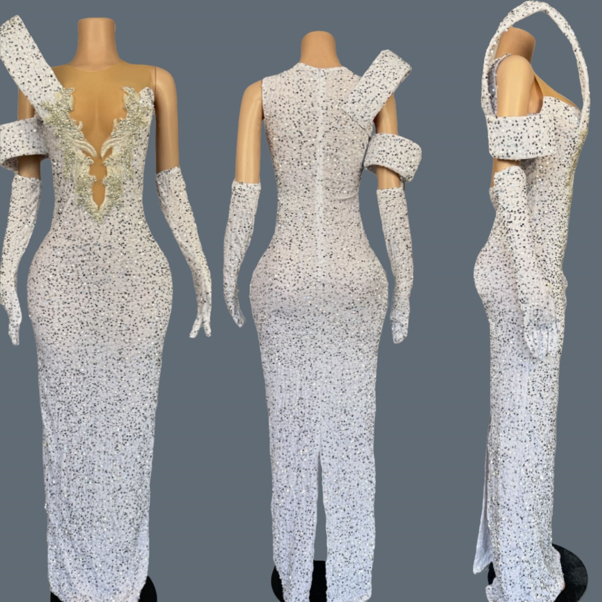 เดรสยาวคอวีลึกประดับเพชรระยิบร - Sparkly Rhinestone Club Party Dress บทวิจารณ์และราคา