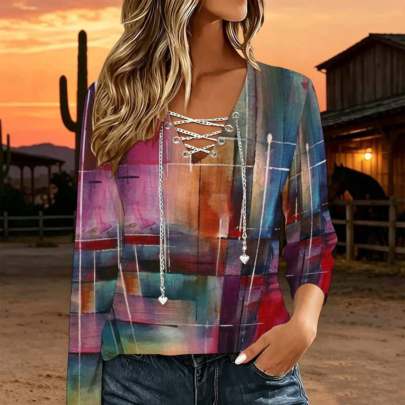 เสื้อผู้หญิงคอวีแขนยาว พร้อมสา - Blouses บทวิจารณ์และราคา
