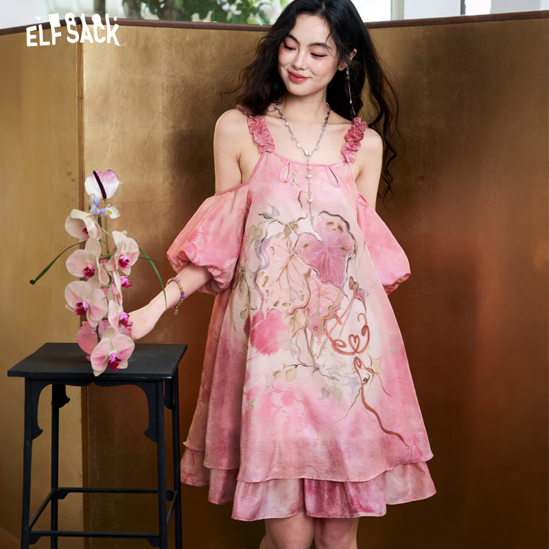 ELFSACK ชุดเดรสผ้าชีฟองผ้าแจ็ค - Off Shoulder Puff Sleeve Sundress บทวิจารณ์และราคา