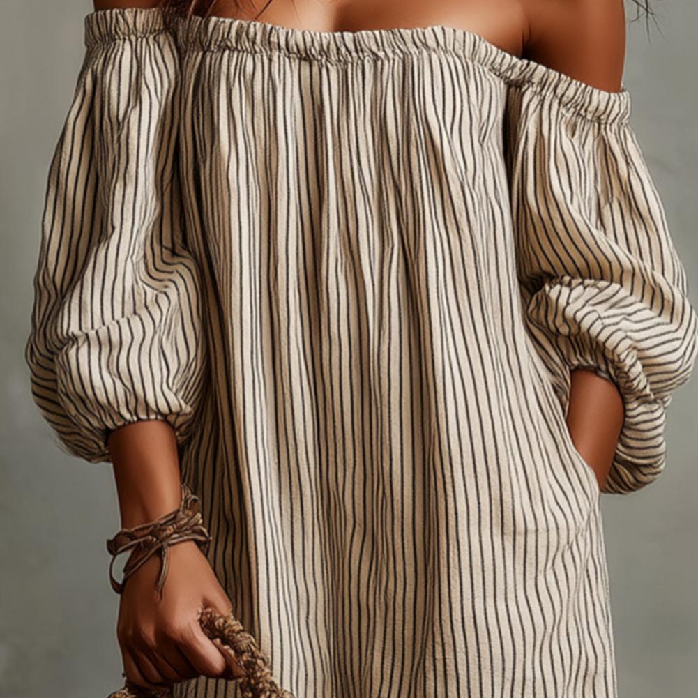 เดรสยาวลายทางเปิดไหล่สำหรับผู้ - Off Shoulder Puff Sleeve Sundress บทวิจารณ์และราคา
