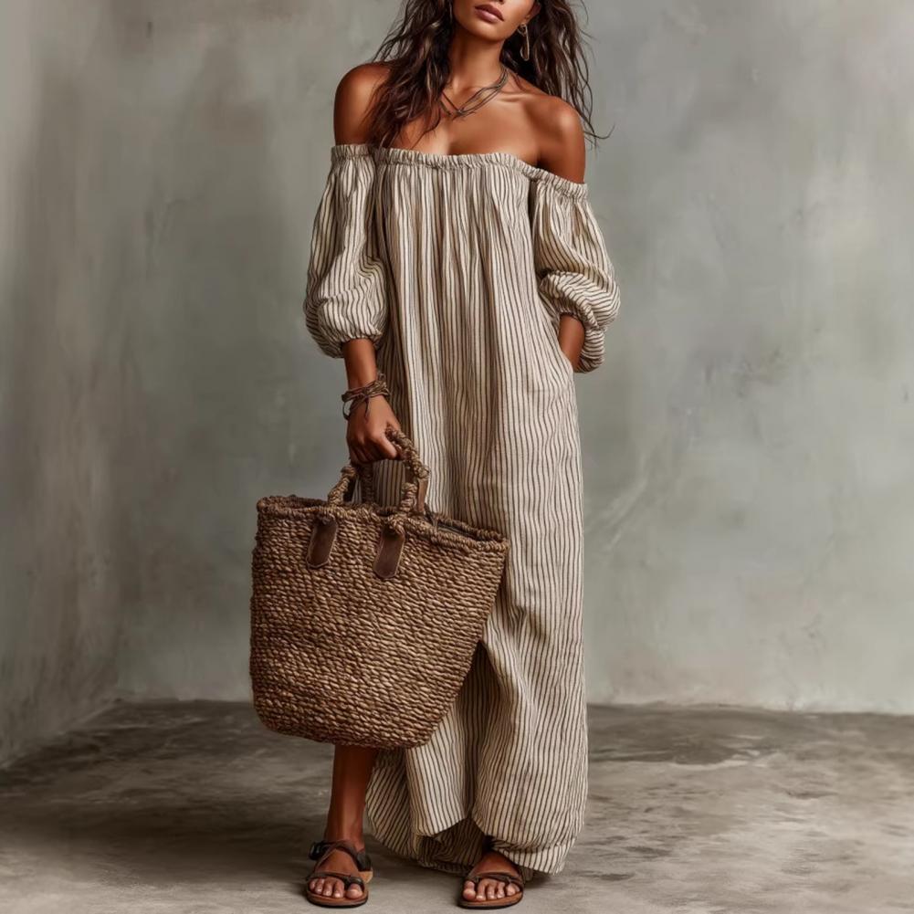 เดรสยาวลายทางเปิดไหล่สำหรับผู้ - Off Shoulder Puff Sleeve Sundress บทวิจารณ์และราคา