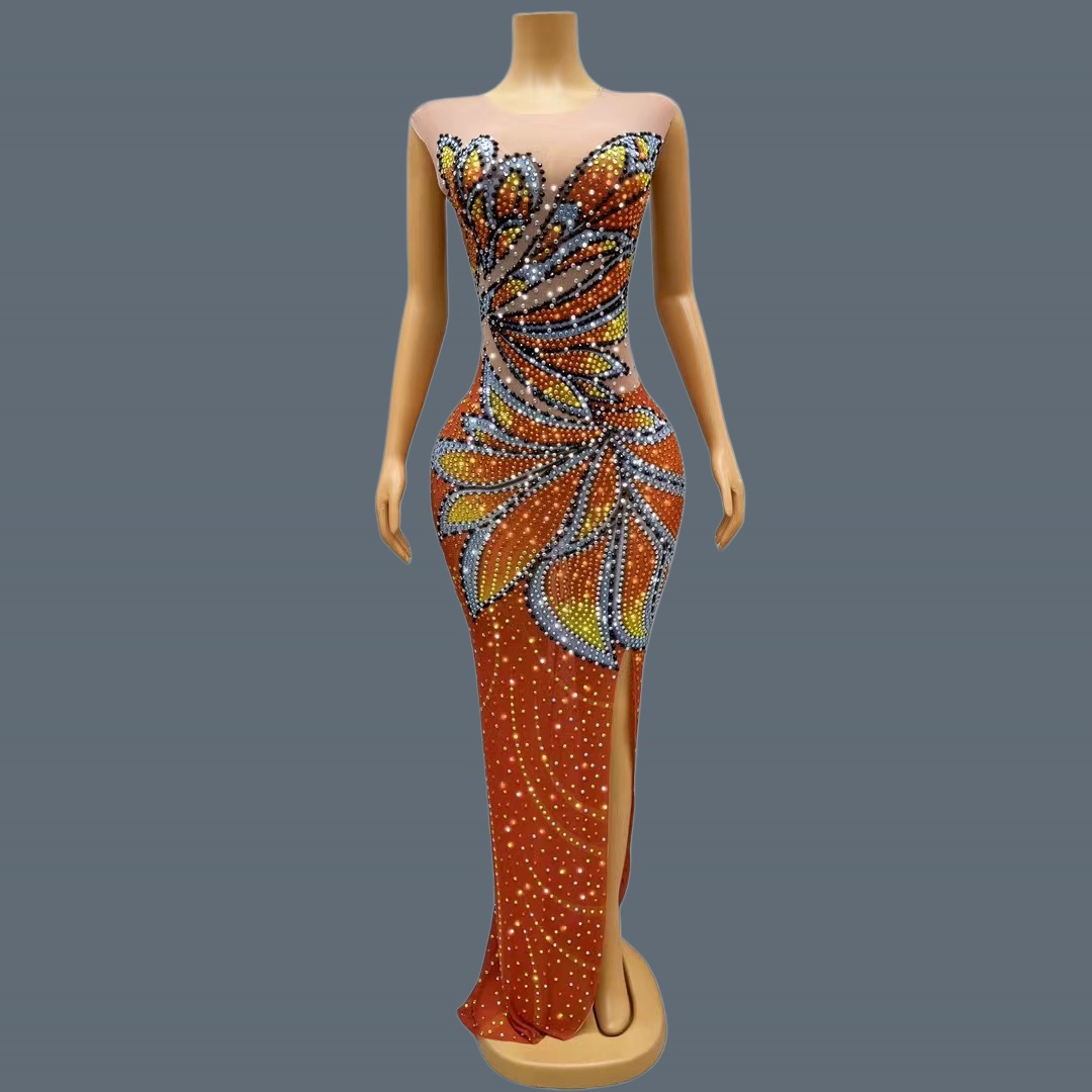 ชุดเดรสยาวผ้าตาข่ายแขนกุดสำหรั - Sparkly Rhinestone Club Party Dress บทวิจารณ์และราคา