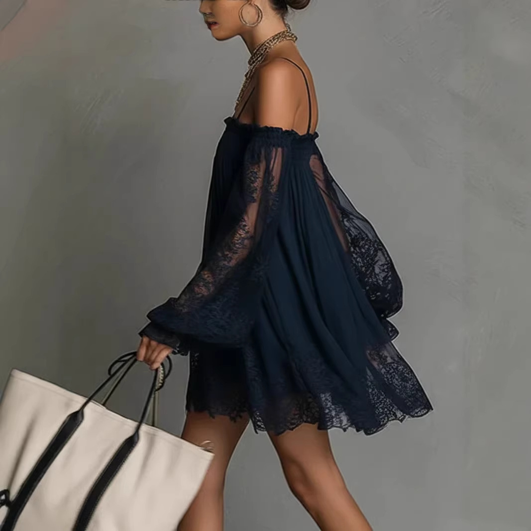 เดรสสั้นลูกไม้เปิดไหล่ สายเดี่ - Off Shoulder Puff Sleeve Sundress บทวิจารณ์และราคา