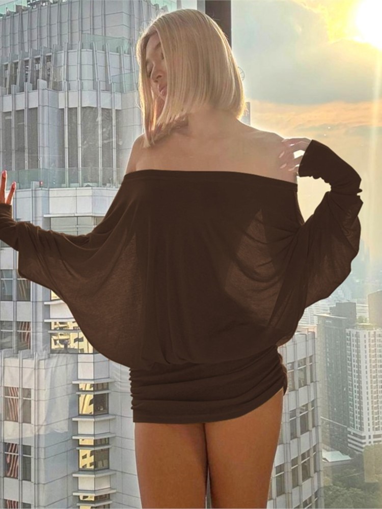 ชุดเดรสสั้นเปิดไหล่ผ้าซีทรูแฟช - Sexy Mesh Sheer Bodycon Dress บทวิจารณ์และราคา