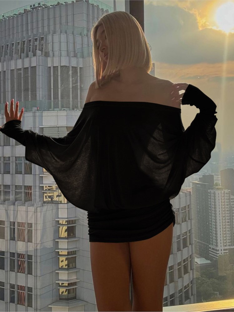 ชุดเดรสสั้นเปิดไหล่ผ้าซีทรูแฟช - Sexy Mesh Sheer Bodycon Dress บทวิจารณ์และราคา