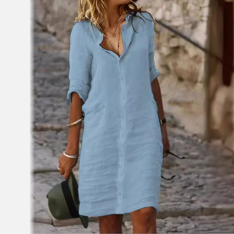 เดรสเชิ้ตทรงหลวมติดกระดุม ความ - Casual Loose Linen Shirt Dress บทวิจารณ์และราคา