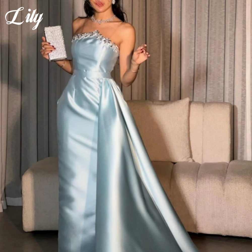 Lily Blue Elegant ชุดอย่างเป็น - Elegant Satin Evening Gown Split บทวิจารณ์และราคา