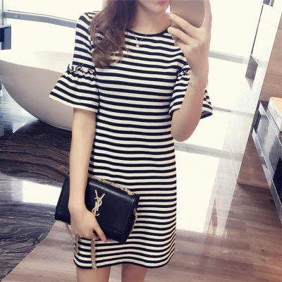 ชุดเดรสลายทางฤดูร้อนผู้หญิงควา - Korean Style A Line Shirt Dress บทวิจารณ์และราคา