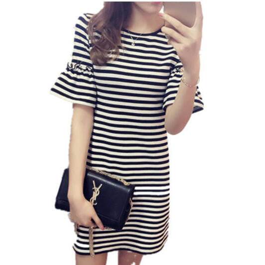 ชุดเดรสลายทางฤดูร้อนผู้หญิงควา - Korean Style A Line Shirt Dress บทวิจารณ์และราคา