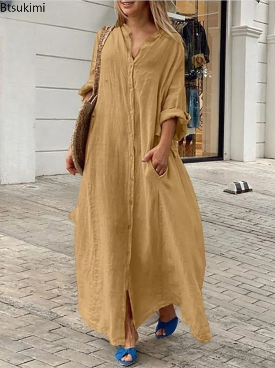 เดรสผ้าฝ้ายลินินลำลองสำหรับผู้ - Casual Loose Linen Shirt Dress บทวิจารณ์และราคา