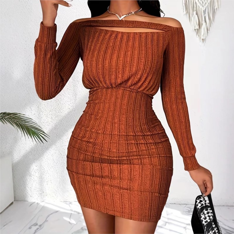 ชุดเดรสแฟชั่นผู้หญิง ฤดูใบไม้ผ - Bodycon Long Sleeve Ribbed Dress บทวิจารณ์และราคา