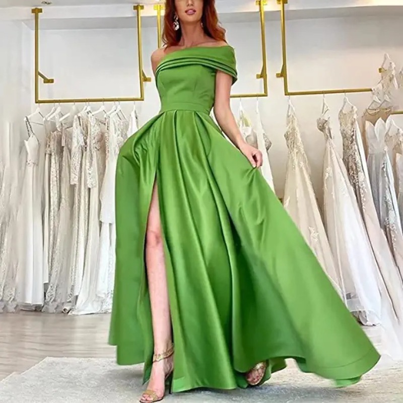 ชุดราตรีผ้าซาตินแบบเปิดไหล่ ดี - Elegant Satin Evening Gown Split บทวิจารณ์และราคา