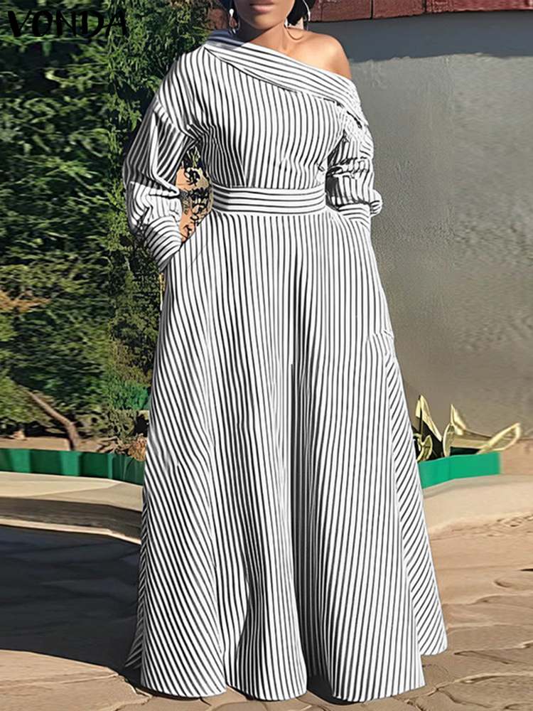 VONDA 2024 ผู้หญิงElegantลายMa - Off Shoulder Puff Sleeve Sundress บทวิจารณ์และราคา