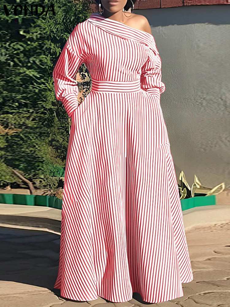 VONDA 2024 ผู้หญิงElegantลายMa - Off Shoulder Puff Sleeve Sundress บทวิจารณ์และราคา
