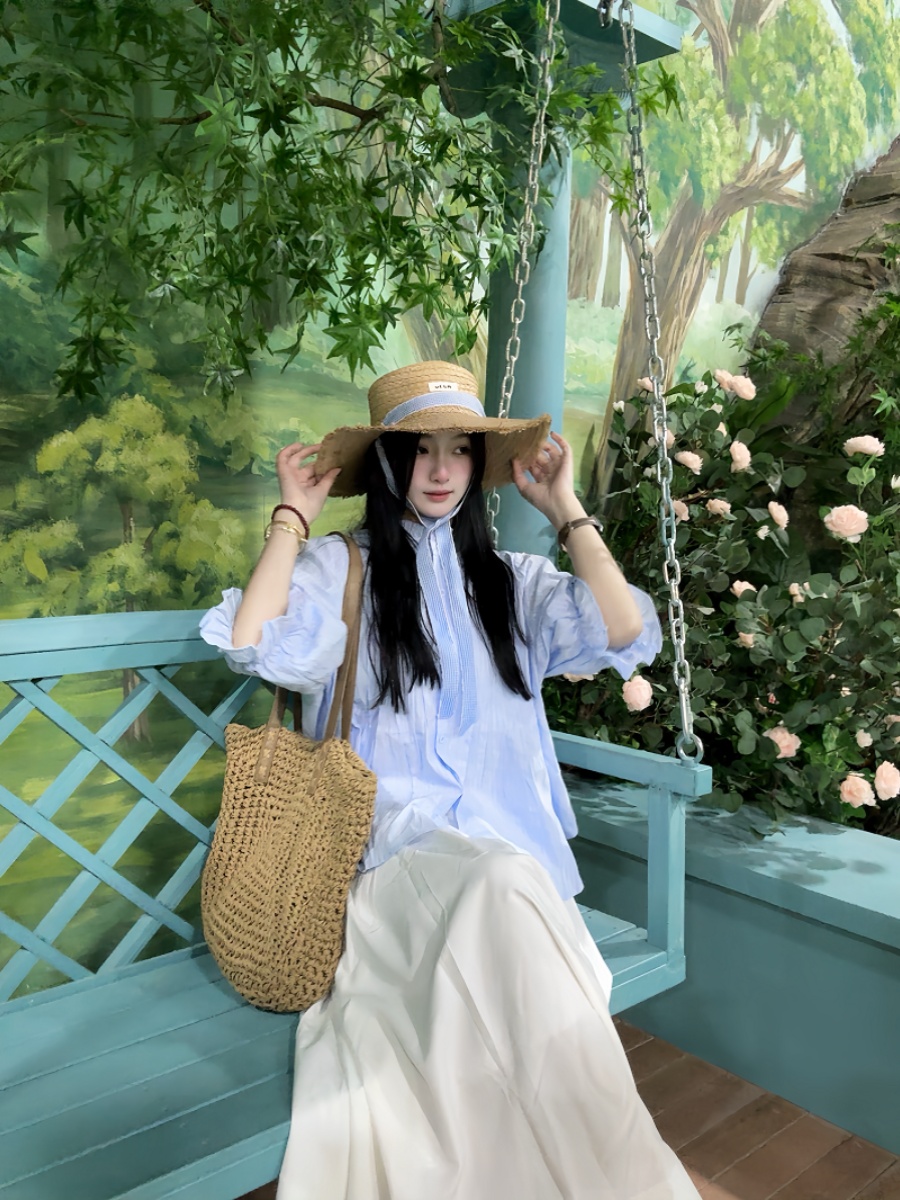 เสื้อแขนฟองสีฟ้าสำหรับผู้หญิงไ - Korean Style A Line Shirt Dress บทวิจารณ์และราคา