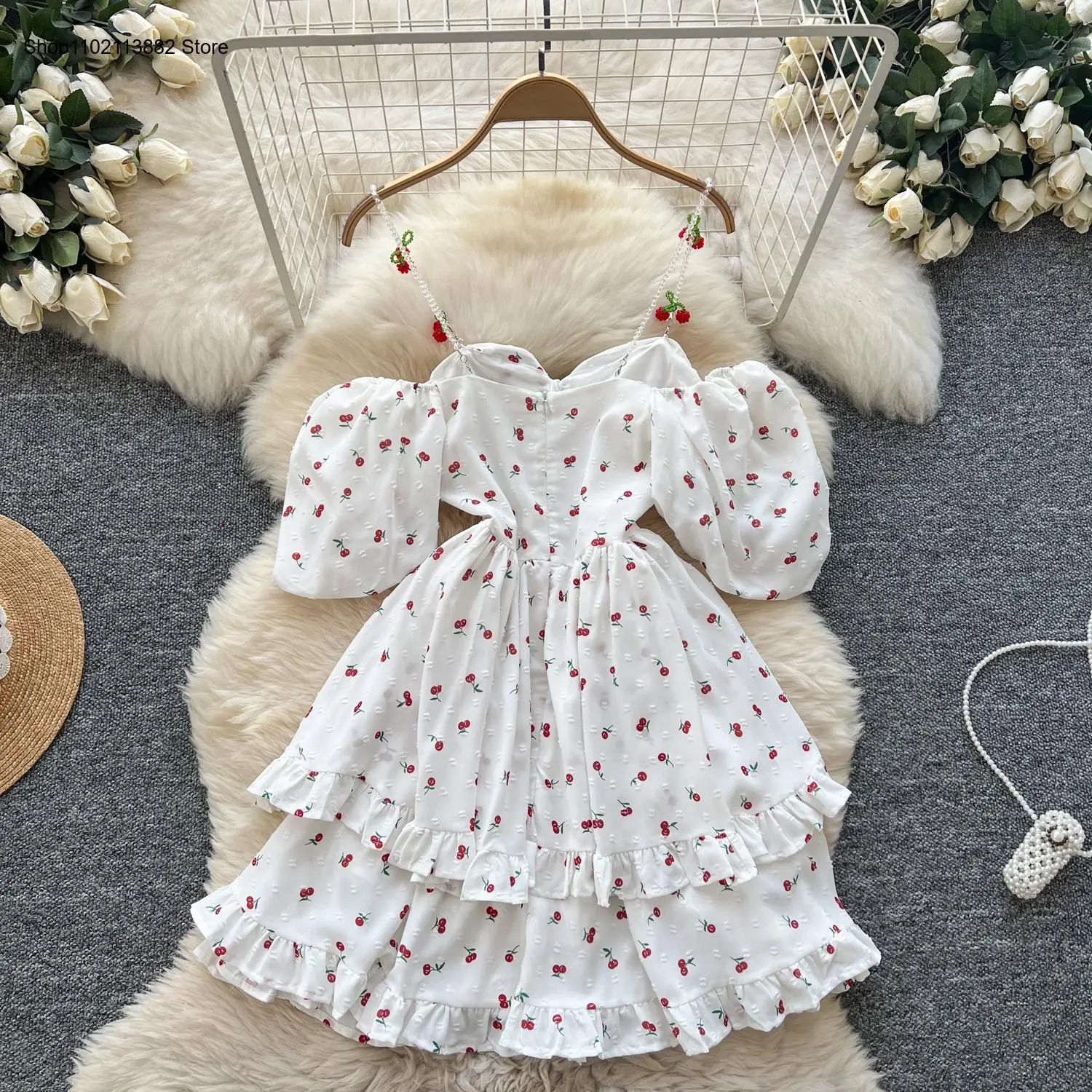 เดรสพิมพ์ลายแขนพองเปิดไหล่ทรงเ - Off Shoulder Puff Sleeve Sundress บทวิจารณ์และราคา