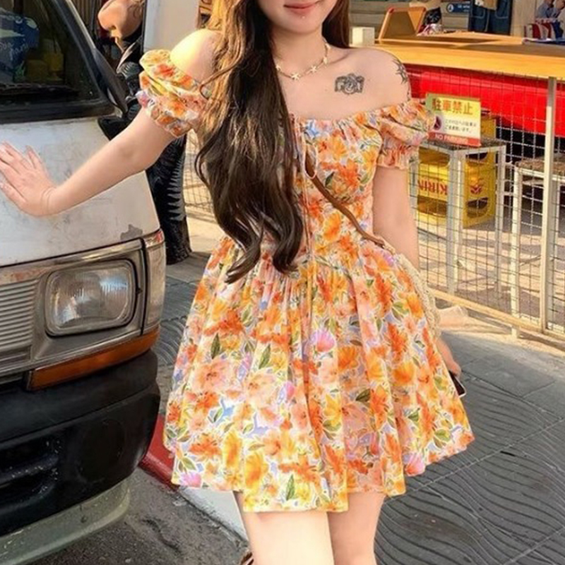 ชุดเดรสสั้นพิมพ์ลายดอกไม้สีส้ม - Off Shoulder Puff Sleeve Sundress บทวิจารณ์และราคา