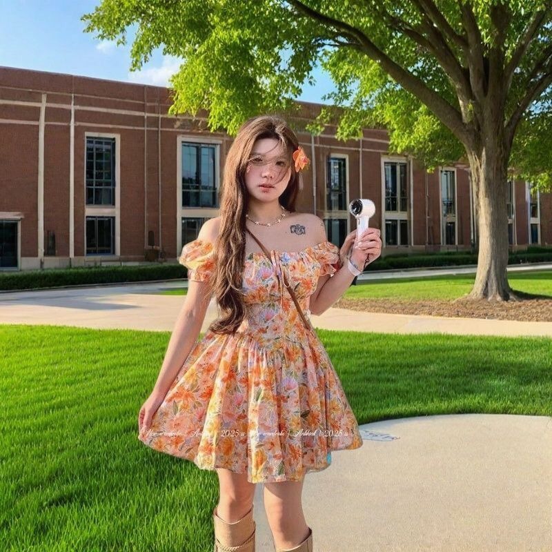 เดรสสั้นพิมพ์ลายดอกสีส้มแบบเปิ - Off Shoulder Puff Sleeve Sundress บทวิจารณ์และราคา