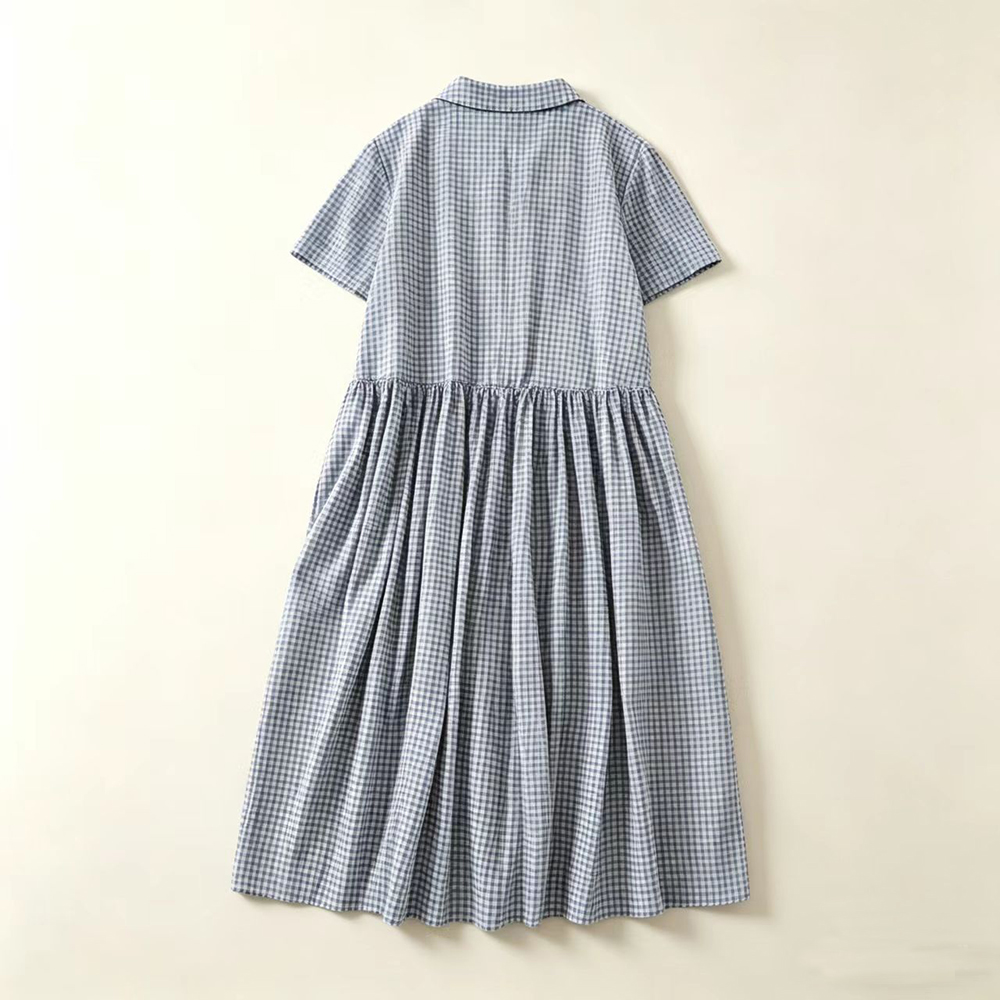 เดรสลายสก๊อตสีน้ำเงิน คอปก แขน - Casual Loose Linen Shirt Dress บทวิจารณ์และราคา