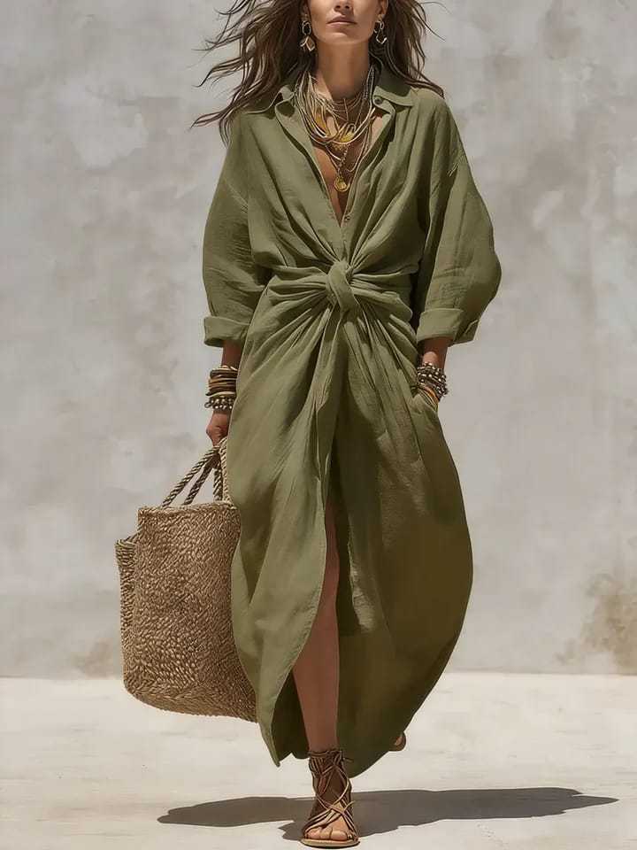 เดรสผ้าลินินสีขาวสไตล์โบฮีเมีย - Casual Loose Linen Shirt Dress บทวิจารณ์และราคา