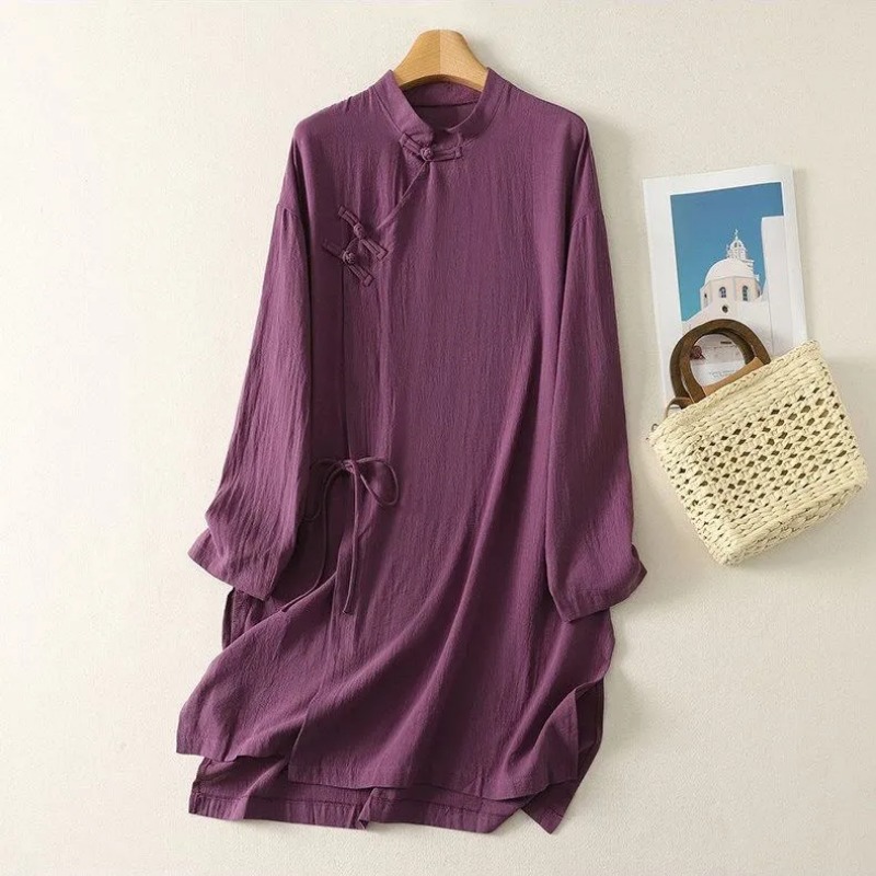 ชุดเดรสผ้าลินินสไตล์จีนสำหรับผ - Casual Loose Linen Shirt Dress บทวิจารณ์และราคา