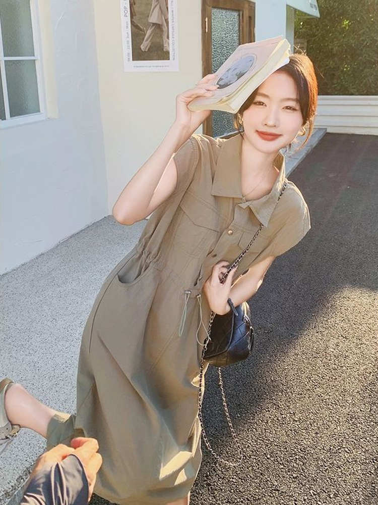 เดรสเชิ้ตทรงเอไลน์เอวสูงสไตล์เ - Korean Style A Line Shirt Dress บทวิจารณ์และราคา