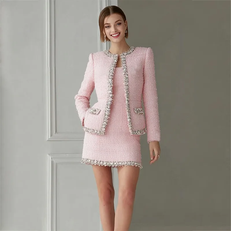 ชุดทวีดสีชมพูพรีเมียมสำหรับผู้ - Tweed Two Piece Blazer Dress บทวิจารณ์และราคา