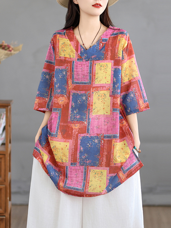 เสื้อเชิ้ตเดรสผ้าลินินพิมพ์ลาย - Casual Loose Linen Shirt Dress บทวิจารณ์และราคา