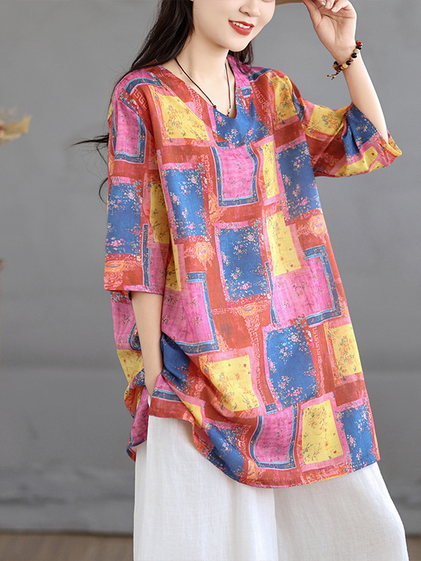 เสื้อเชิ้ตเดรสผ้าลินินพิมพ์ลาย - Casual Loose Linen Shirt Dress บทวิจารณ์และราคา