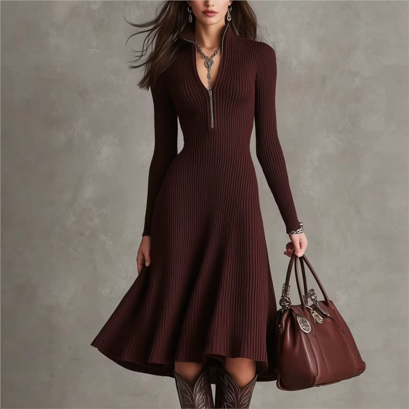 เดรสไหมพรมถักลายริบสำหรับผู้หญ - Bodycon Long Sleeve Ribbed Dress บทวิจารณ์และราคา