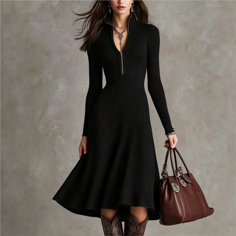 เดรสไหมพรมถักลายริบสำหรับผู้หญ - Bodycon Long Sleeve Ribbed Dress บทวิจารณ์และราคา