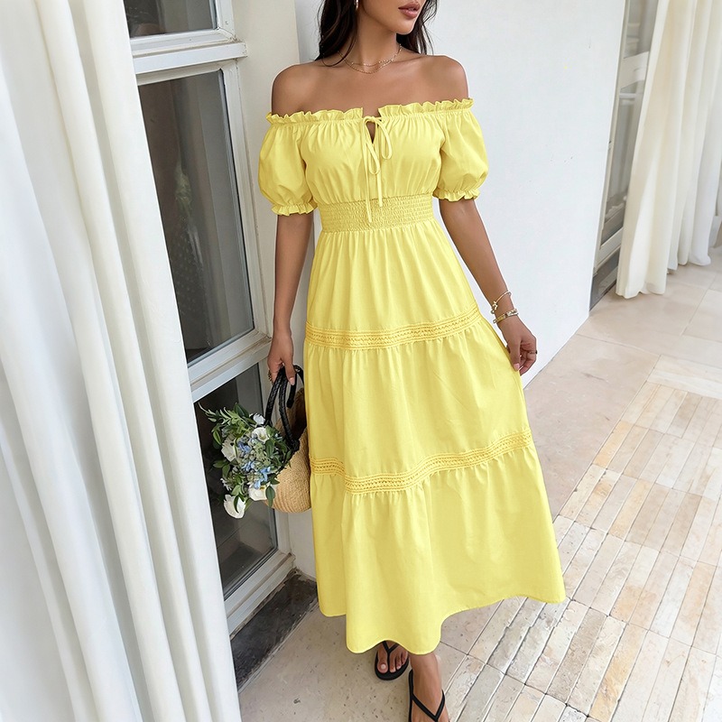 เดรสยาวทรงเอ สไตล์โบฮีเมียนสำห - Off Shoulder Puff Sleeve Sundress บทวิจารณ์และราคา