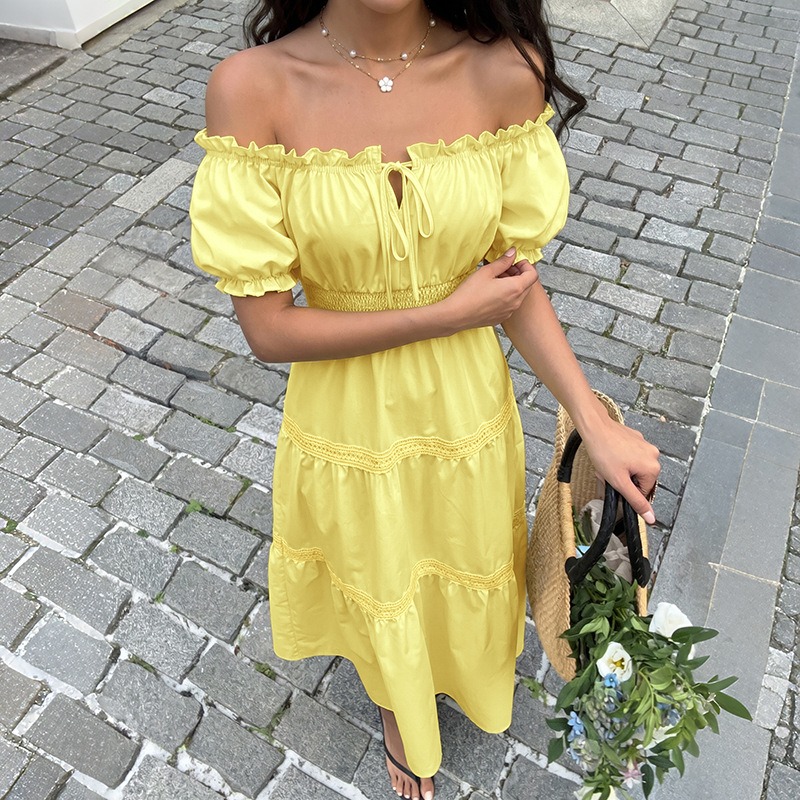 เดรสยาวทรงเอ สไตล์โบฮีเมียนสำห - Off Shoulder Puff Sleeve Sundress บทวิจารณ์และราคา